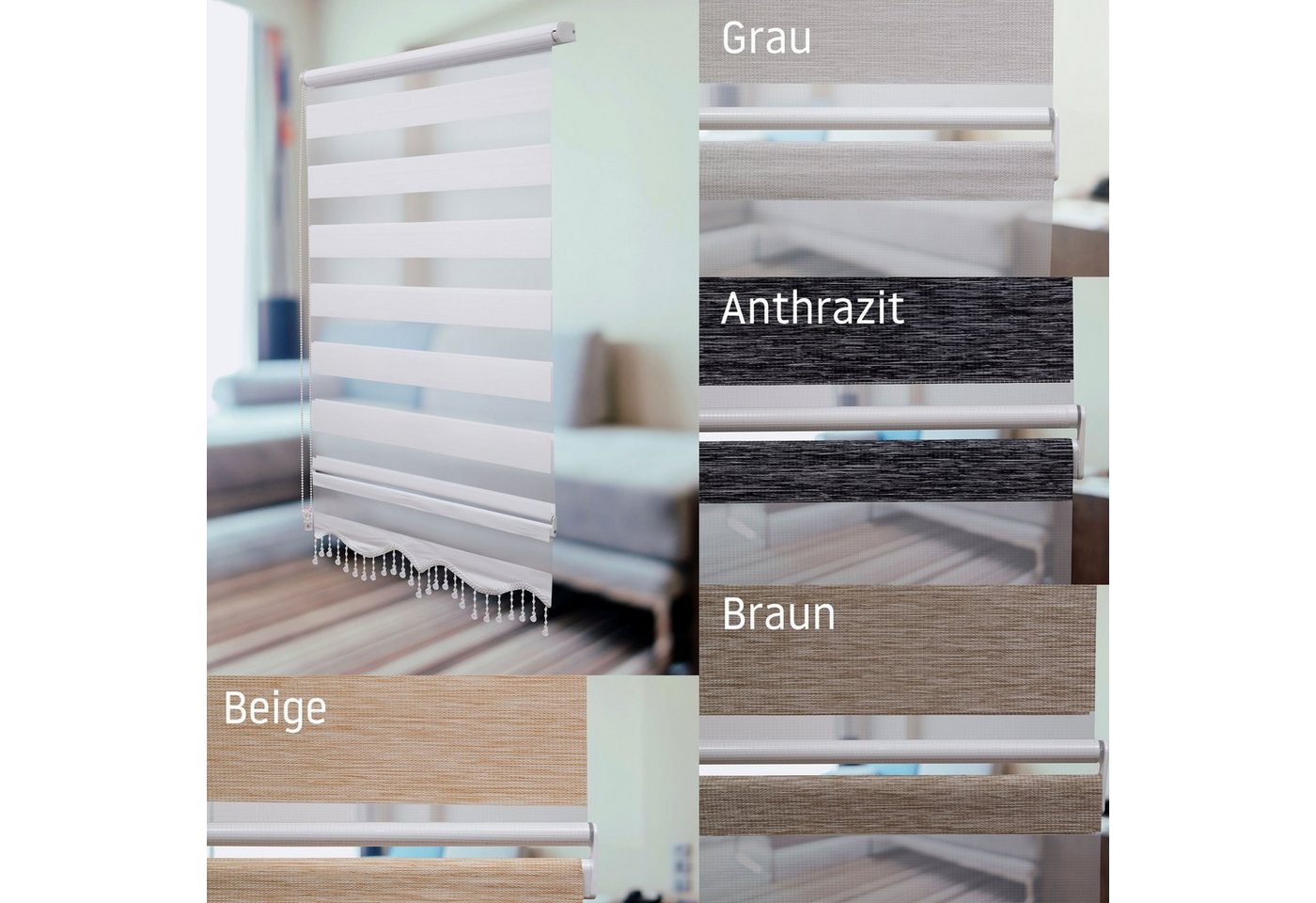 Doppelrollo Klemmfix Doppelrollo mit Perlen Volant in versch. Farben, Plisseeonline, blickdicht, Klemmträger Montage auf dem Fensterrahmen, Freihängend, Klemmfix, Mit Perlen, Aluminium Schiene, Weiß, Grau, Beige, Braun, Anthrazit von Plisseeonline