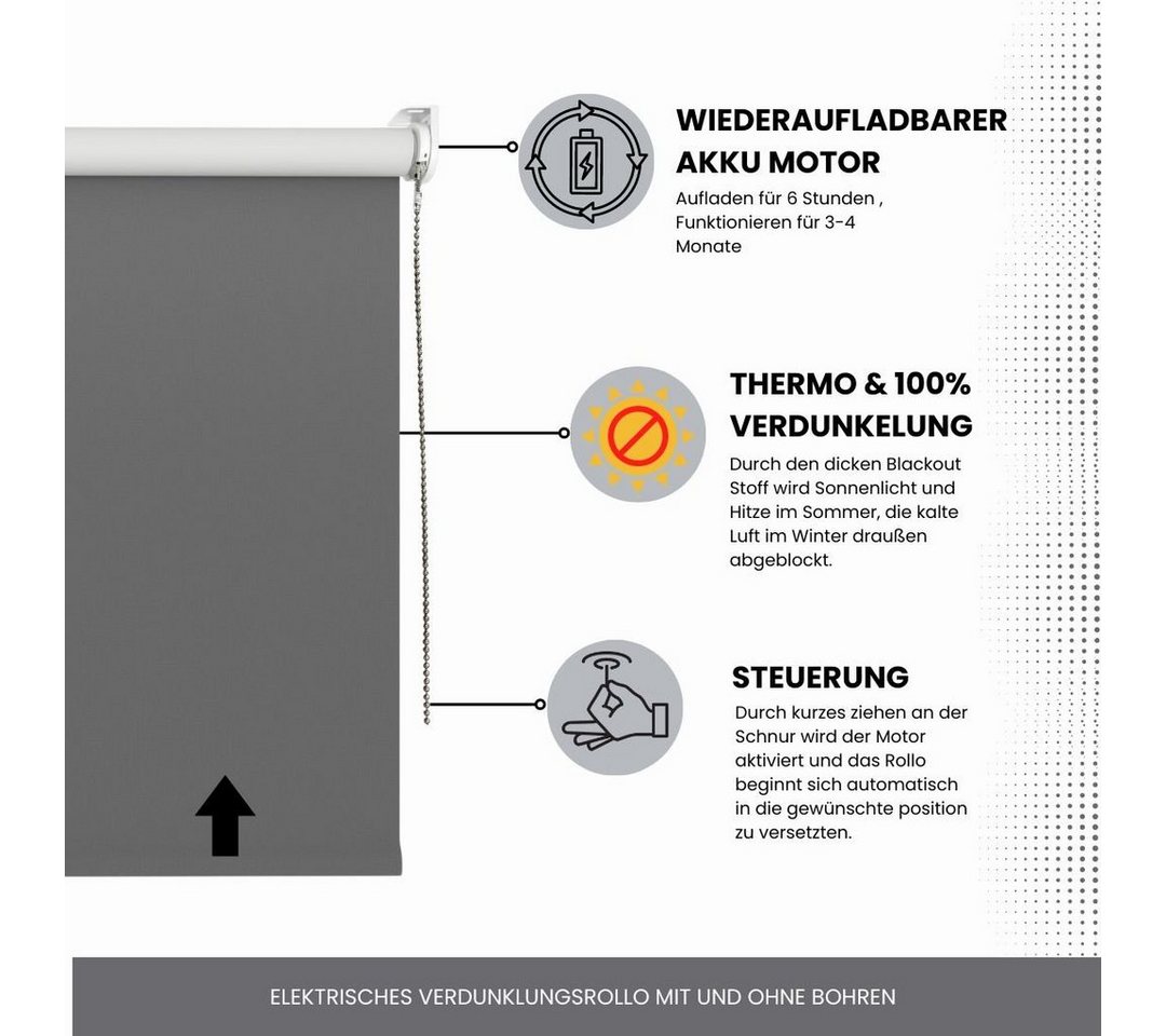 Elektrisches Rollo Verdunklungsrollo mit Zugmotor aufladbarer Motor, Plisseeonline, verdunkelnd, Fensterrahmen Montage ohne Bohren und Wand-, oder Deckenmontage möglich, freihängend, Klemmfix Fenster,- Decken oder Wandmontage, Weiß, Grau von Plisseeonline