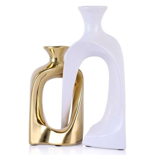 PlivBloom Weiße und goldene Keramikvasen, Keramik-Dekoration, ästhetische Pampasgras-Vase, Mitte des Jahrhunderts, moderne Dekoration, Boho-Vase, einzigartige Donut-Vase für Couchtisch, Tafelaufsatz, PlivBloom Weiße und goldene Keramikvasen, Keramik-Dekoration, ästhetische Pampasgras-Vase, Mitte des Jahrhunderts, moderne Dekoration, Boho-Vase, einzigartige Donut-Vase für Couchtisch, Tafelaufsatz, von PlivBloom