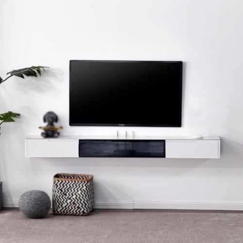 180 cm schwimmender TV-Wandhalter Wandschrank-Medienkonsole mit 2 Schubladen TV lowboard hängend Passend für wandmontierte Unterhaltungsshelves Geeignet für Wohnzimmer, Büros.(White+Black,180x24x18CM/ von Pllrbvshs