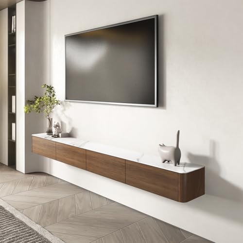 Schwimmender TV-Ständer wandmontierter TV-Schrank mit Klapptüren schwimmendes Unterhaltungszentrum Wand-TV-Halter Wandeinheit Medienkonsole mit Schieferplatte.(Walnut+white slate,180x30x23CM/70.9x11.8 von Pllrbvshs