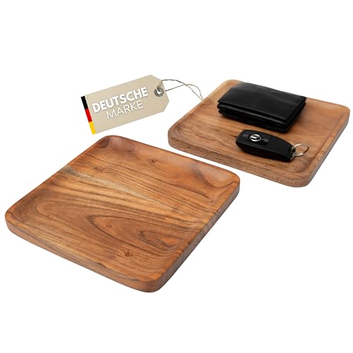 Plogis Holztablett Viereckig aus Akazie - 2er Set aus 20 x 20 cm Holz Tablett Deko Groß/Dekotablett Holz Länglich/Holzbrett Deko Tablett Rechteckig und Ablage Tablett Schreibtisch/Dekoschale von Plogis