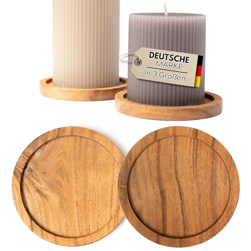 Plogis Kerzenteller - 2er Set Akazie Untersetzer für Kerzen bis 8 cm Durchmesser/Kerzenuntersetzer Holz Rund für Stumpenkerzen Taufkerzen Unterteller Kerzen Teller/Kerzenhalter Holz 6cm 7cm 8cm von Plogis