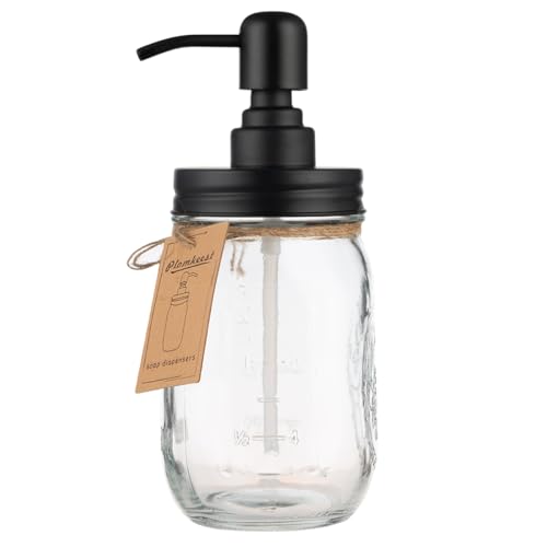 Plomkeest 16oz Einmachglas Seifenspender Klarglas Glas Seifenspender mit rostfreiem Edelstahlpumpe Flüssigseifenspender für Badezimmer, KitchenDecor Ideal für Lotionen, Flüssigseifen Schwarz von Plomkeest