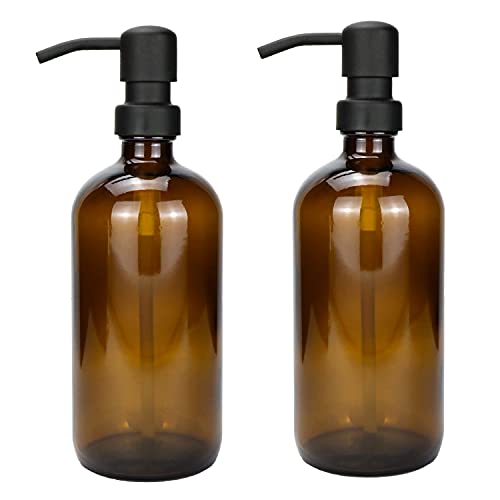 Plomkeest 2er Pack Bernstein Dickes Glas 500ml Seifenspender aus Glas mit schwarzer rostfreier Edelstahlpumpe Flüssigseifenspender für Badezimmer von Plomkeest