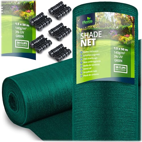 Plonos Schattennetz Schattierungsnetz Sonnenschutz Sichtschutz - Grammatur 140 g/m² - Fläche 75 m² - Größe 1,5 x 50 m Grün von Plonos