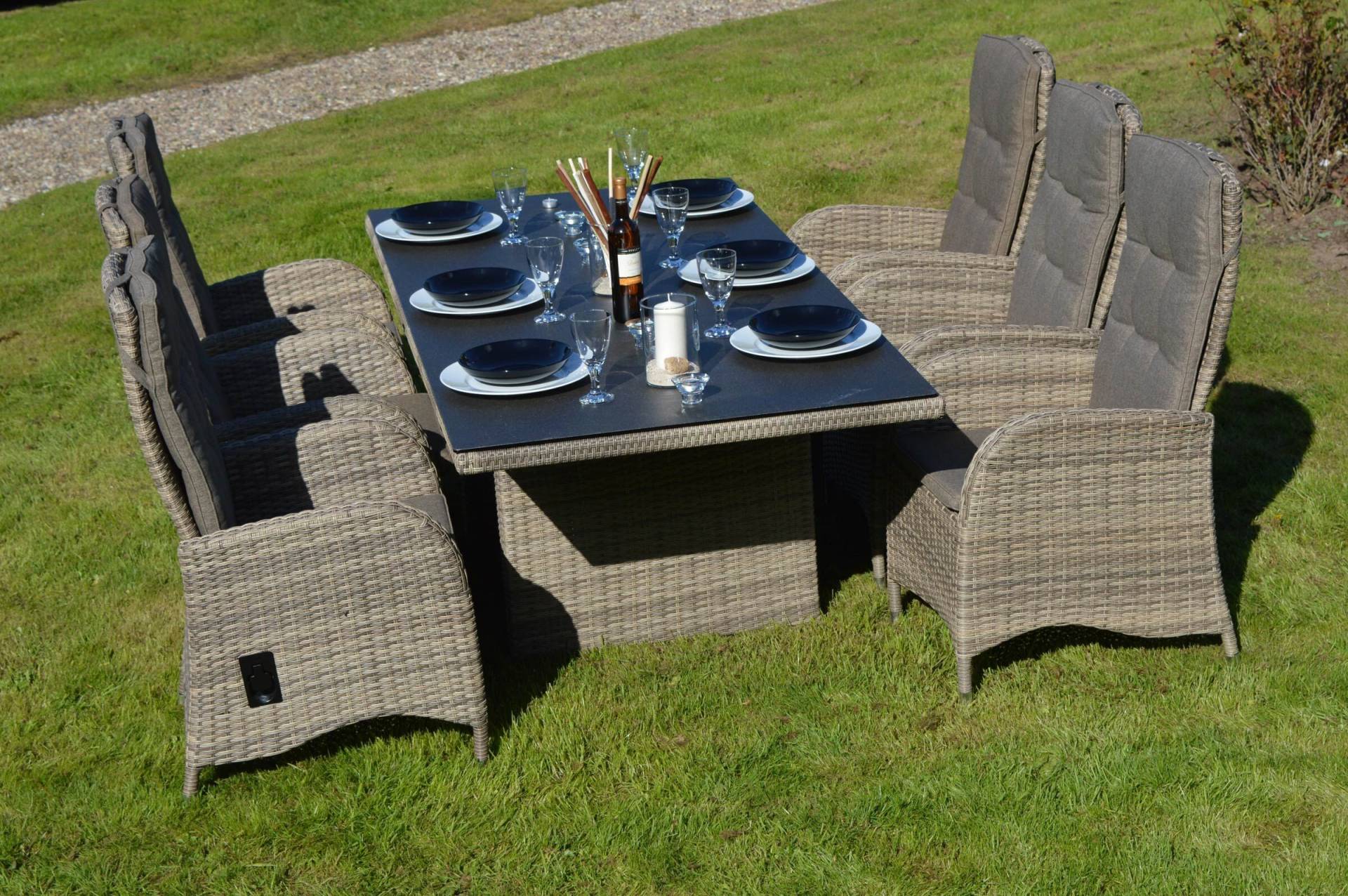 Ploß Rabida Dining Set, champagner-meliert, Polyrattan, Tisch 220 x 100 cm, 6 Sessel von Ploß