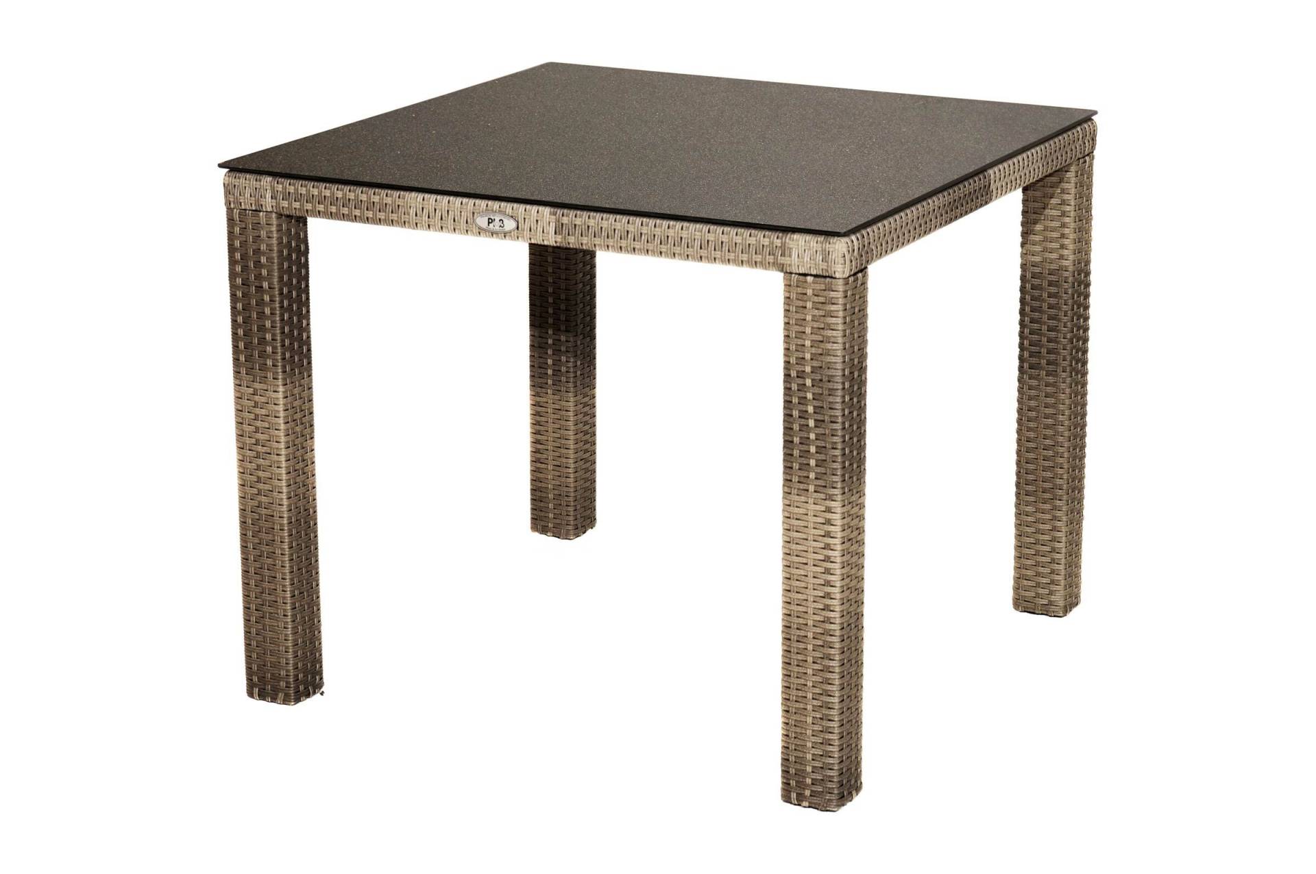 Ploß Rabida Dining Tisch, champagner-meliert, Polyrattan, 90 x 90 cm, Glasplatte in Steinoptik von Ploß