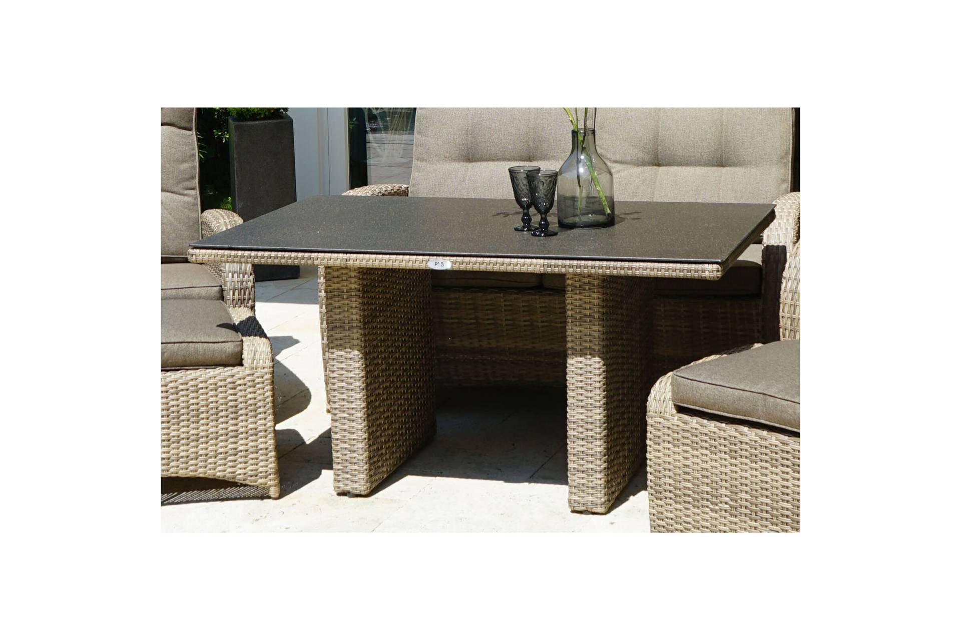 Ploß Rabida Lounge-Tisch, champagner-meliert, Polyrattan, 140x85cm, Glasplatte in Steinoptik von Ploß