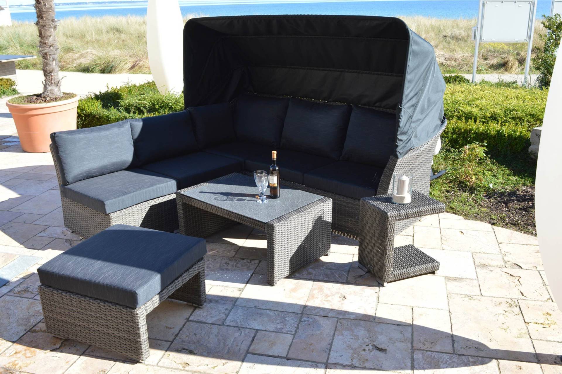 Ploß Rocking Loungeset, grau/braun-meliert, Polyrattan, 5-6 Personen, inkl. Sonnendach von Ploß