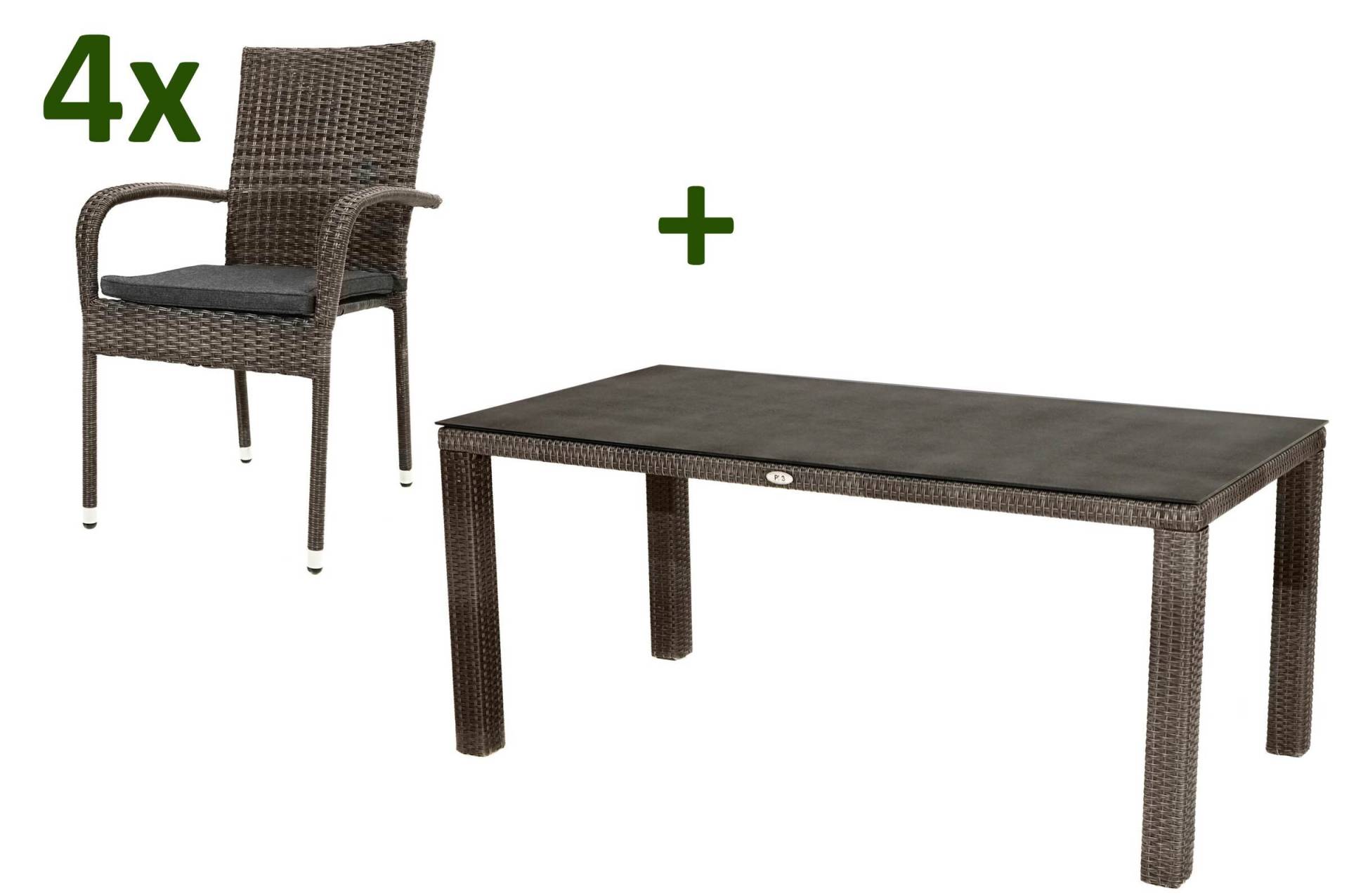 Ploß Rocking Sitzgruppe, grau/braun-meliert, Polyrattan, Tisch 170 x 90 cm, 4 Stapelstühle, Glasplatte in Steinoptik von Ploß