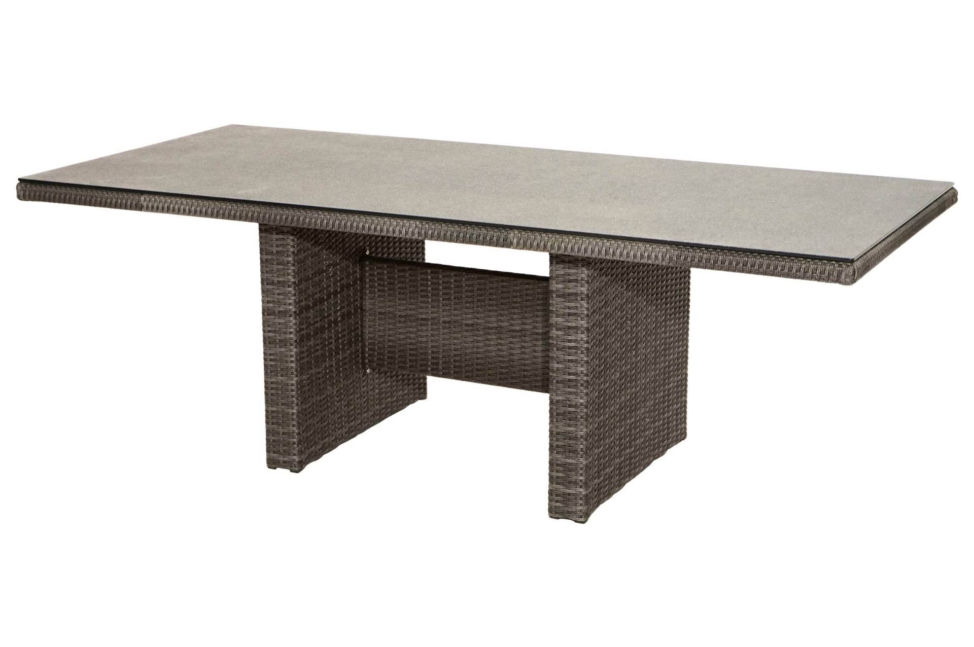 Ploß Rocking Dining Tisch, grau/braun-meliert, Polyrattan, 220 x 100 cm, Glasplatte in Steinoptik von Ploß