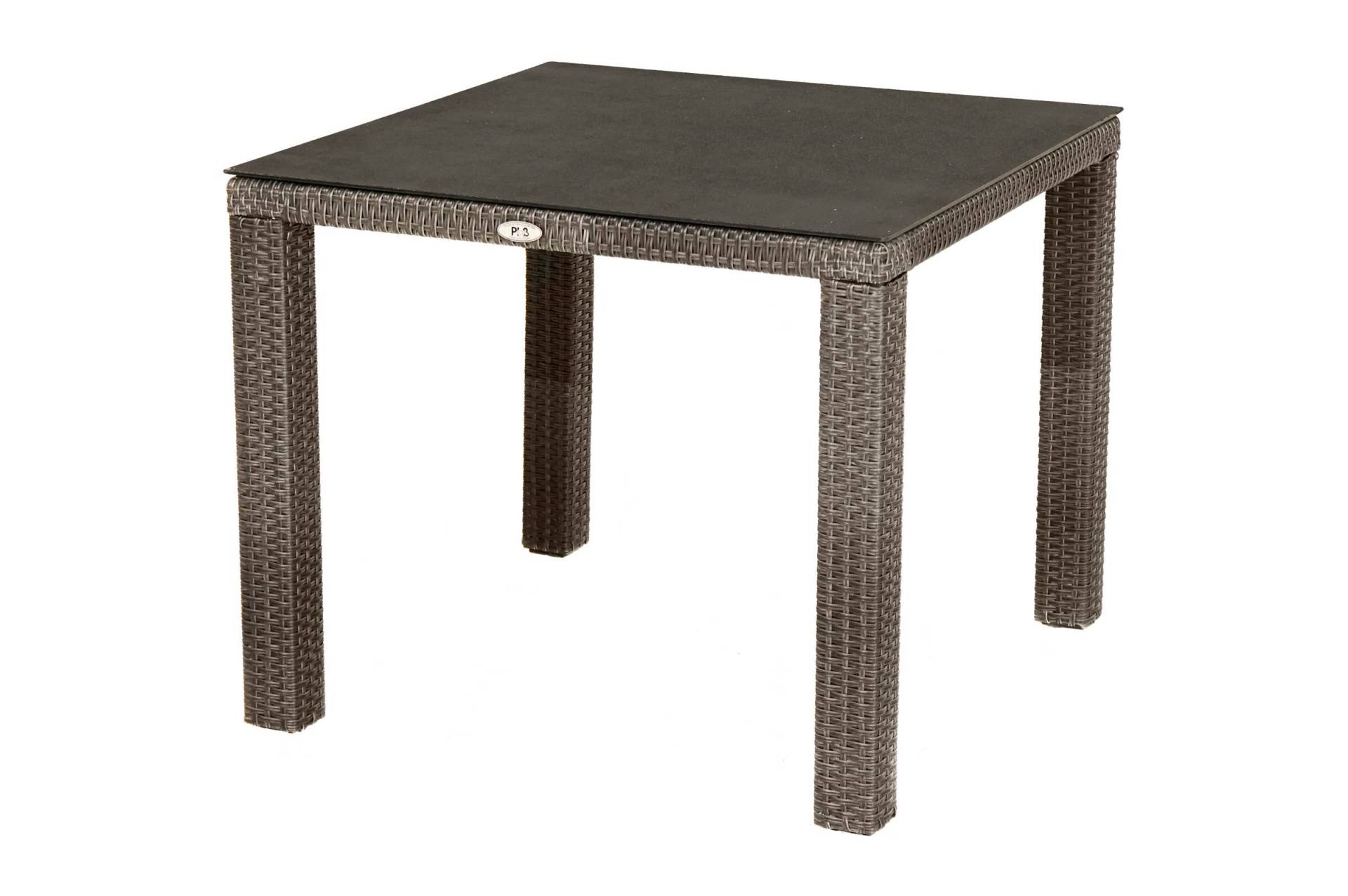 Ploß Rocking Dining Tisch, grau/braun-meliert, Polyrattan, 90 x 90 cm, Glasplatte in Steinoptik von Ploß