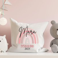 Einschulung Geschenk Kissenbezug Personalisiert Mädchen Junge Schulanfang Schulkind Schulstart Regenbogen Bunt von Plotterfaktur