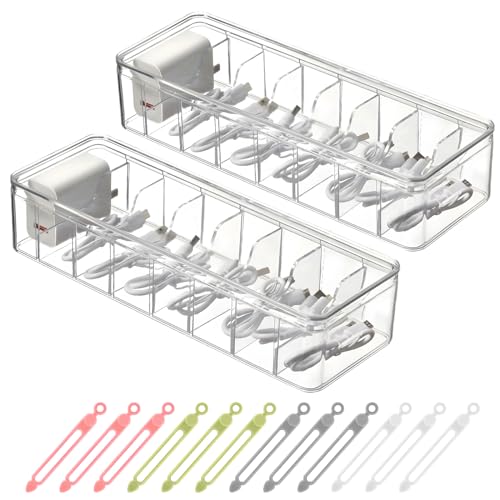 2 Stück Kabel Organizer Box Kabel Aufbewahrungsbox 8 Fächer, Cable Management Box mit 24 Kabelbindern, Transparenter Kabel Aufbewahrungsbox für Schreibtisch Aufbewahrung, Büro, Heimgebrauch von PlsMupn