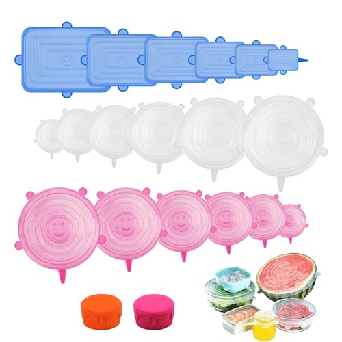 Silikondeckel 18 Stück Silikon Stretch Deckel Set, BPA Free Wiederverwendbar Dehnbare Silikondeckel Verschiedenen Größen, Rund Silicone Stretch Lids für Schüsseln, Becher, Dosen, Obst von PlsMupn