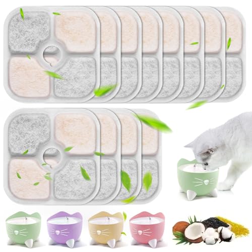 PlsMupn 12 Stück Katzenbrunnen Filter für Katzenbrunnen, Ersatzfilter für 2.5L Katzen Trinkbrunnen, Filter Trinkbrunnen, Dreifaches Filtersystem mit Aktivkohle & Harz, für Katzen und Hunde von PlsMupn
