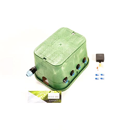 Plug&Rain Ventilbox mit 4 Hunter PGV 9V Magnetventilen (4 Zonen), Durchflussregulierung und Druckluftanschluss, 24 mm BluLock Expert von Plug&Rain