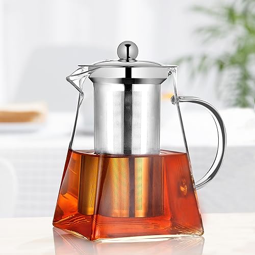 Teekanne aus Glas:Teekannen 950ml mit Abnehmbarem Edelstahl Filter Sieb Teesieb Hitzebeständig Teebereiter Losen Tee und Teebeutel Teekannen mit siebeinsatz Borosilikatglas Glasteekanne (700ML) von PluieSoleil