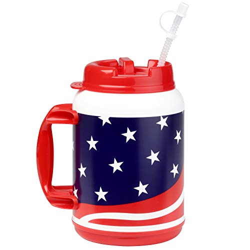 Isolierbecher mit Deckelgriff, flexibler Strohhalm mit Kappe, großer Kunststoffbecher, USA-Flagge, patriotische Flagge, 1,8 l von Plum Hill