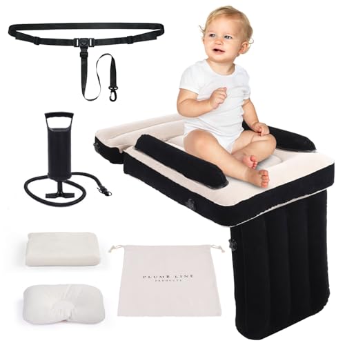 Plumb Line Products Neues 2025 Flugzeugbett für Kleinkinder – Reisebett & Flugzeugsitzverlängerung für Kinder mit Tragetasche, Luftpumpe, Kissen & Decke – Schwarz & Beige von Plumb Line Products