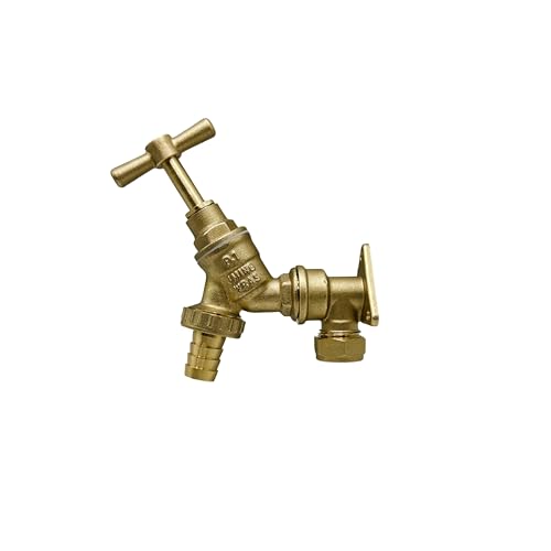 PlumbEZ Außenhahn-Set mit Wandplatten-Winkel – WRAS-zugelassener 1,27 cm Messing-Garten-Wasserhahn & 15 mm Kompressionswandplatte – Outdoor-Wasserhahn für Gartenschlauch, Autowäsche und Bewässerung von PlumbEZ