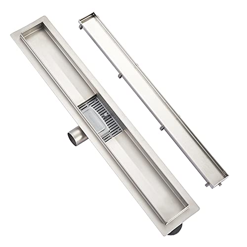 Plumbsys Duschrinne Edelstahl Länge 100cm ，2in1 Befliesbar Doppelseitige bodenablauf Komplettset，Duschablauf Siphon mit Geruchsstop und Haarsieb，Ablaufrinne extra flach，Schnelle Drainage von Plumbsys