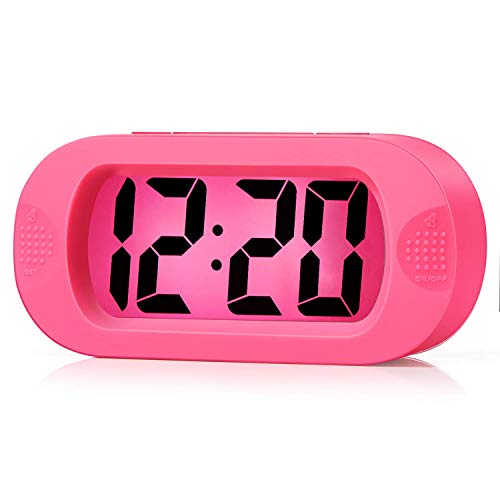Plumeet Einfach Einzustellen, Großer Digitaler LCD-Reisewecker, Mit Schlummermodus und Nachtlicht, Ansteigendem Soundalarm & Handgerät-Größe, Kinder (Rosa) von Plumeet