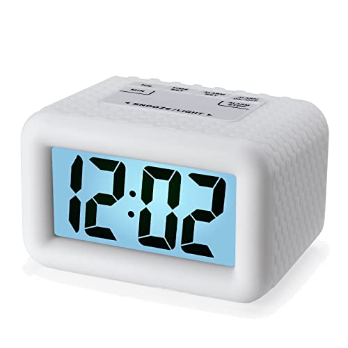 Plumeet Großer Digitaler LCD-Reisewecker, Mit Schlummermodus und Nachtlicht, Ansteigendem Soundalarm & Handgerät-Größe, Kinder (Weiß) von Plumeet