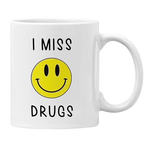 I Miss Drugs Tasse, lustiges Geschenk, Mittelalter, Geburtstagsgeschenk, Old Raver, Acid (weiß) von Plumfoolery