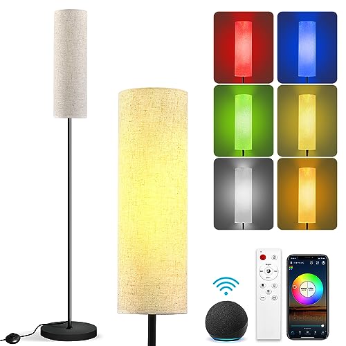 Stehlampe Wohnzimmer, RGBWW Modern Leselampe LED Stehleuchte Dimmbar 12W mit Fernbedienung & WiFi APP Steuerung, Kompatibel mit Alexa & Google Home, Ecklampe mit Leinen Lampenschirm 2700k-6500k von Plunack