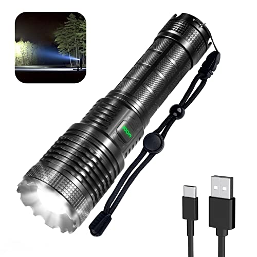 Pluralla XHP70 Rechargeable LED Flashlights, 15000 High Lumens, Super Bright Zoomable IPX4 Waterproof Flashlight with 5 Modes, Powerful Handheld Flashlight for Emergencies, Camping, Hiking von Pluralla