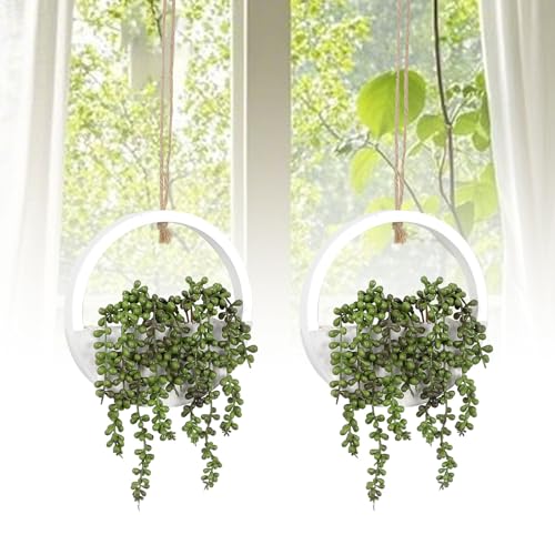 PlusFive 2 Stück Künstliche Sukkulenten Hängepflanzen,52cm Künstliche Perlenschnur Pflanzen Wie Echt, Gefälschte Perlenkette im Topf für Drinnen Draußen Fensterdeko Wanddeko Wohnzimmer Balkon Deko von PlusFive