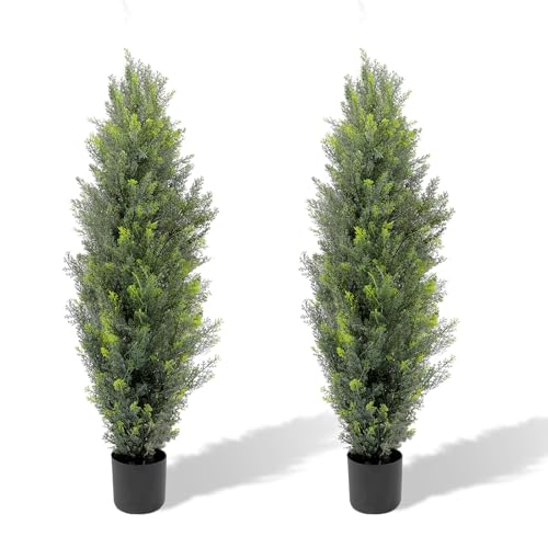 PlusFive Künstliche Zeder, 120 cm (2 Stück), mit zusätzlichen Blättern und Topf, künstliche immergrüne Zypressenpflanze, UV-geschütztes künstliches Grünset für die Heimdekoration drinnen/draußen von PlusFive