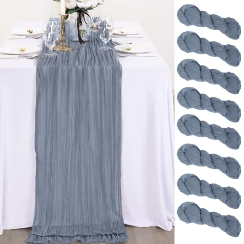 PlusFive Seihtuch Tischläufer, 8 Stück 90×300 cm Staubiges Blau Käsetuch Tischläufer Boho Gaze Käsetuch Tischläufer Musselin Tischläufer Tischdecke für Hochzeit Verlobungstablett Gartenparty Deko von PlusFive