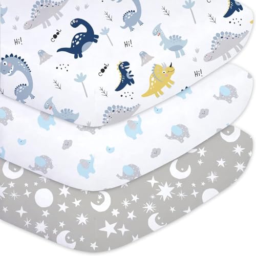 Plushii Baby Spannbettlaken 70x140cm - 3er Set Spannbetttuch für das Kinderbett - Weiche Mikrofaser - Oeko-Tex Standard 100 - Blau Dinosaurier von Plushii