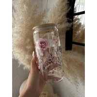 Perfekt Für Den Sommer Blumen Trinkglas Mit Bambusdeckel | 13, 5 Oz Glasstrohalm Perfekt Für Den Sommer Blumen Trinkglas Mit Bambusdeckel | 13, 5 Oz Glasstrohalm von Pluviashandcraftedco
