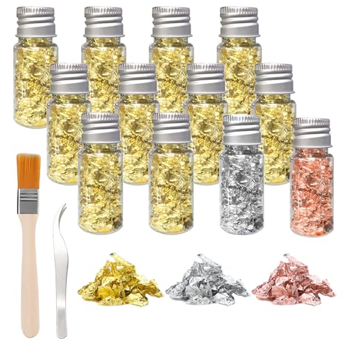 10 Flaschen Blattgold Essbar FüR Torten Blattgold Zum Basteln Essbares Blatt-Gold FüR Torten Essbares Gold Tortendeko Gold Essbar FüR Cake Decoration Mit 1 Pinzette 1 BüRste（Gold, Silber, RoséGold） von Pluvyze