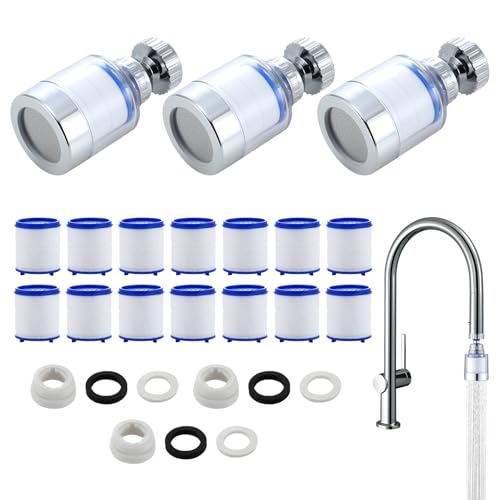 3 Stück Wasserhahnfilter, Filter für Wasserhahn, Reinkristall Wasserfilter mit 14 Filtern und Adaptern*3 für Küchenspüle, 360° Duschfilter Badezimmer zu Hause von Pluvyze
