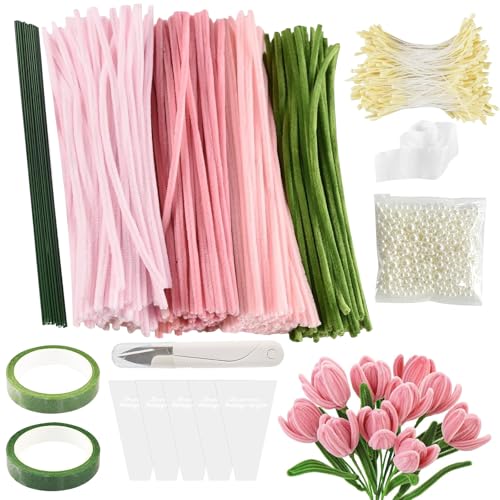 340 Stück Pfeifenreiniger Blumen Set Pfeifenputzer zum Basteln Blumen Pfeifenreiniger zum Basteln Pipe Cleaner Flower Set mit Blumendraht,Schere Blumenstraußverpackungen, Bänder, Staubgefäße,Perle von Pluvyze