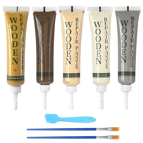 Laminat Reparaturset, Holz Reparaturset, 5 Farben Holzmöbel-Reparaturset,mit Rührstab und Nylonpinsel, zum Ausbessern von Kratzern und Rissen an Holzschränken, Böden, Türen und Tischplatten von Pluvyze