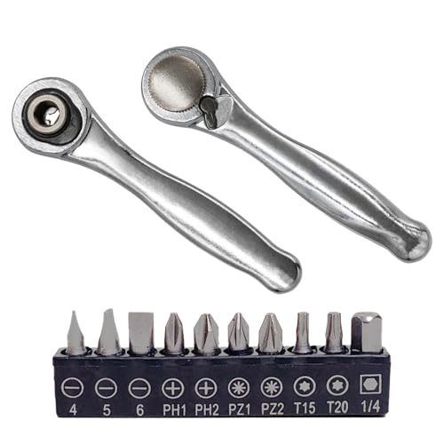 Pluvyze 1/4 Zoll Mini Ratsche Set, 72 ZäHne Mini Ratschen+10 Batch-Kopf Set, Bit Ratsche Schnellverschluss Schraubendreher, Ratsche ist für Wartung und Heimwerker geeignet, Die TäGliche Wartung von Pluvyze