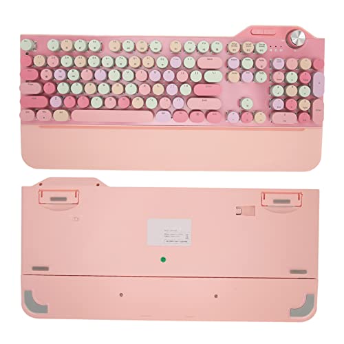 Kabellose Mechanische Retro-Schreibmaschinentastatur, 107 Tasten, Runde Tastatur Im Punk-Stil, mit Lautstärkeregler, LED-Hintergrundbeleuchtung, 2,4 G, BT5.1, USB-Kabel (Rosa) von Plyisty