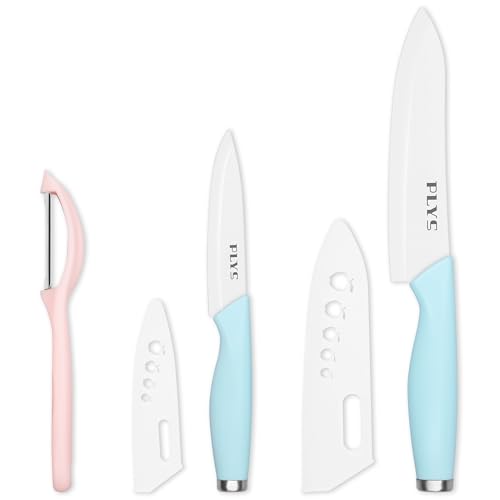 Keramikmesser Set Keramik Messer Küche: Scharf 2er Pack Messerset 15.5cm Kochemesser, 10.7cm Obstmesser Geschenk für Mama (Blauem Griff) von Plys