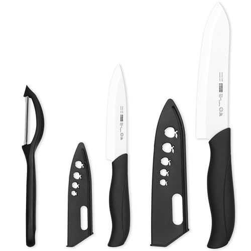 Keramikmesser Set Keramik Messer Küche: Scharf 2er Pack Messerset 15.5cm Kochemesser, 10.7cm Obstmesser Geschenk für Mama (Weiße Klinge) von Plys