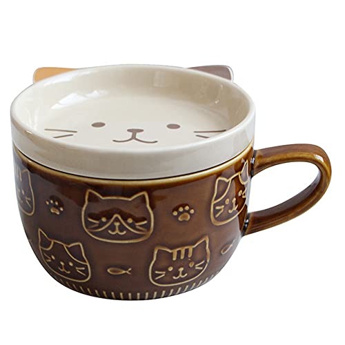 Pmkvgdy Kreative Keramik Kaffee Tassen mit Deckel, SüßE Katze, Porzellan Tassen, Familie, FrüHstüCk, Milch, GeträNke () von Pmkvgdy