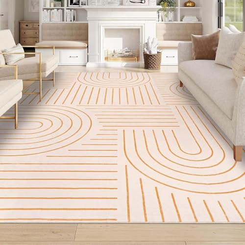 Pmnadfdag Teppich Wohnzimmer 110 x 190 cm Teppich Antirutsch Kurzflor Waschbar,für Büro Schlafzimmer Bettvorleger Moderne geometrische Linien orange rosa von Pmnadfdag