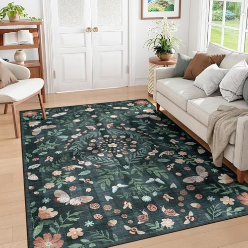 Pmnadfdag Teppich Wohnzimmer 120 x 180 cm Teppich Waschbarer Kurzflor rutschfest Weich für Schlafzimmer Küche Esszimmer modern floral grün rosa von Pmnadfdag