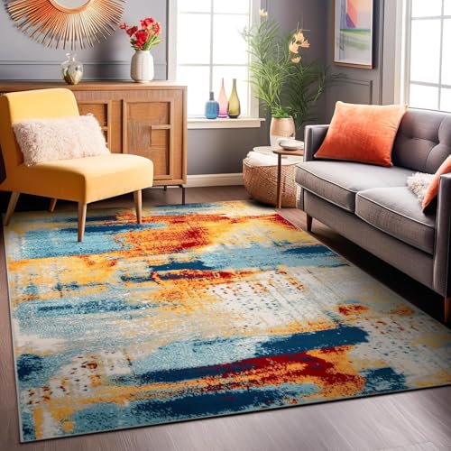Pmnadfdag Teppich Wohnzimmer 130 x 200 cm Teppich rutschfest Waschbar für Schlafzimmer Küche Esszimmer Arbeitszimmer Moderne abstrakte Tinte orange blau von Pmnadfdag