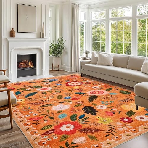Pmnadfdag Teppich Wohnzimmer 130 x 200 cm Teppich rutschfest Waschbar für Schlafzimmer Küche Esszimmer Arbeitszimmer Modernes Blumenmuster in Orange, Blau und Rot von Pmnadfdag